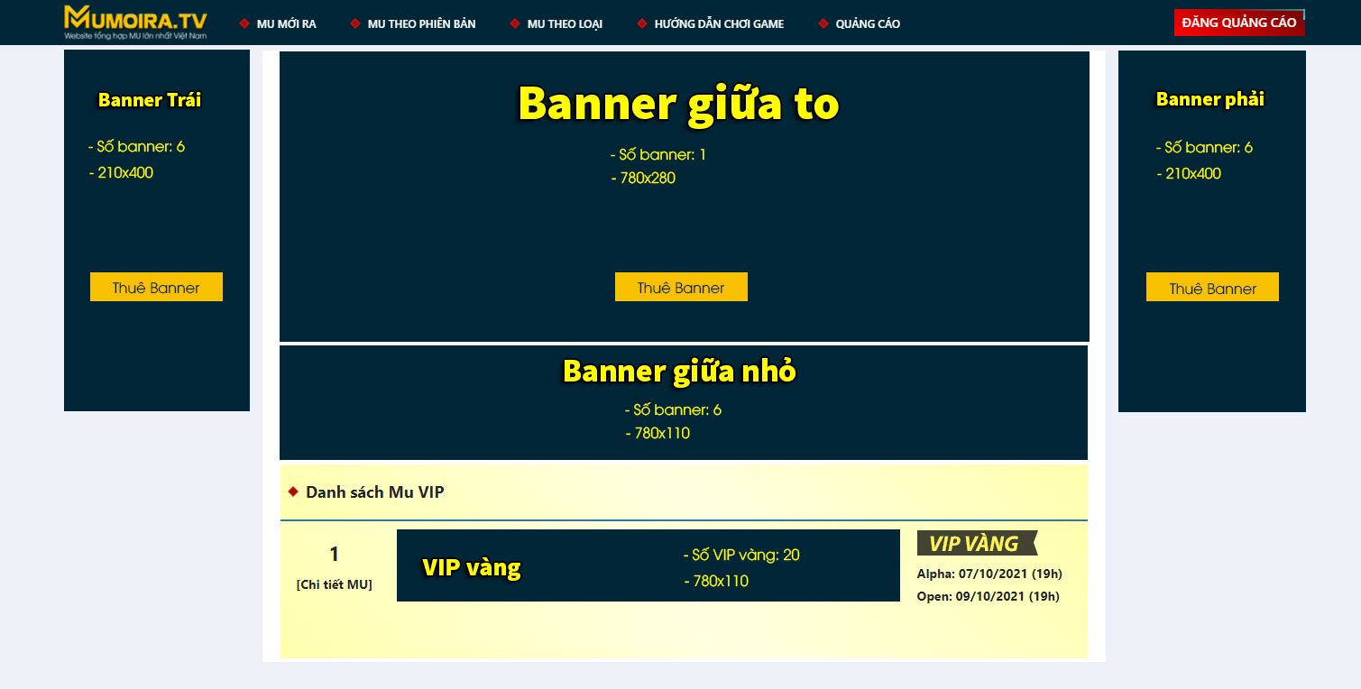 Các vị trí quảng cáo tại website Kenhgames.net